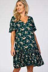 Dark Teal Floral Pleated Hem Maternity Dress