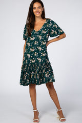 Dark Teal Floral Pleated Hem Maternity Dress