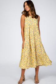 Yellow Floral Sleeveless Pleated Tier Midi Dress