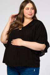 Black Ruffle Dolman Sleeve V-Neck Maternity Plus Top