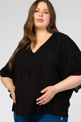 Black Ruffle Dolman Sleeve V-Neck Maternity Plus Top