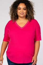 Fuchsia V-Neck Waffle Knit Maternity Plus Top