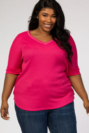 Fuchsia V-Neck Waffle Knit Plus Top