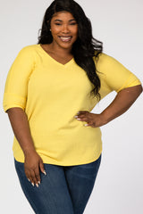 Yellow V-Neck Waffle Knit Maternity Plus Top