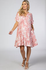 Pink Floral Ruffle Accent Maternity Dress