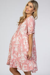 Pink Floral Ruffle Accent Maternity Dress