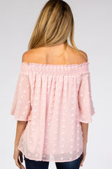 Light Pink Textured Dot Smocked Off Shoulder Chiffon Maternity Blouse