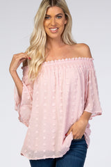 Light Pink Textured Dot Smocked Off Shoulder Chiffon Maternity Blouse