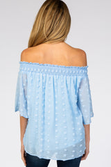 Light Blue Textured Dot Smocked Off Shoulder Chiffon Maternity Blouse