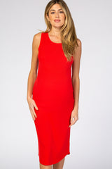 Red Ribbed Sleeveless Maternity Midi Dress