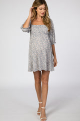 Grey Floral Puff Sleeve Maternity Dress