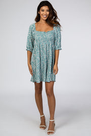 Teal Floral Puff Sleeve Dress