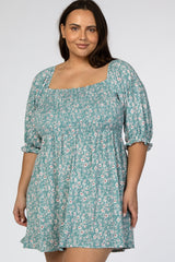 Teal Floral Puff Sleeve Plus Dress