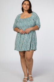 Teal Floral Puff Sleeve Plus Dress