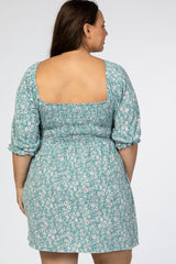 Teal Floral Puff Sleeve Plus Dress