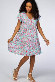 Aqua Floral Pleated Tier Babydoll Dress