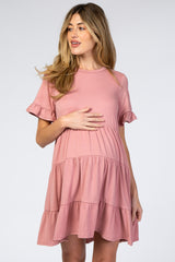 Pink Tiered Short Sleeve Maternity Dress