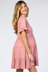 Pink Tiered Short Sleeve Maternity Dress