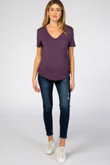 Purple Scoop Neck Pocket Maternity Top