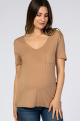 Camel Scoop Neck Pocket Maternity Top