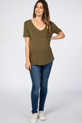 Olive Scoop Neck Pocket Maternity Top