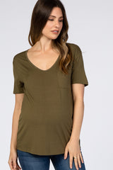 Olive Scoop Neck Pocket Maternity Top