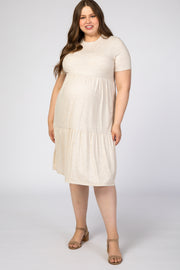 Beige Ribbed Tiered Maternity Plus Dress