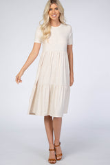 Beige Ribbed Tiered Maternity Dress