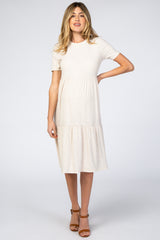 Beige Ribbed Tiered Maternity Dress