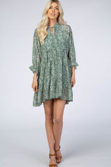 Dark Mint Floral Chiffon Tiered Dress