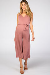 Mauve V-Neck Tie Waist Maternity Jumpsuit