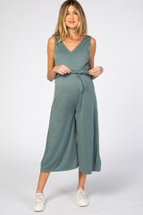 Light Teal V-Neck Tie Waist Maternity Jumpsuit