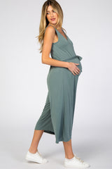 Light Teal V-Neck Tie Waist Maternity Jumpsuit