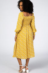 Yellow Floral Smocked Bubble Sleeve Midi Dress