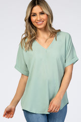 Mint Green V-Neck Short Sleeve Blouse