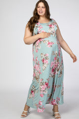 Light Olive Floral Ruffle Accent Maternity Plus Maxi Dress