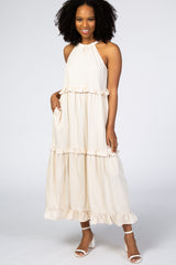 Ivory Pleated Ruffle Tier Halter Midi Dress