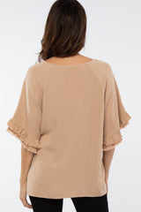 Mocha Linen Fringe Ruffle Trim Top