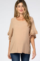 Mocha Linen Fringe Ruffle Trim Maternity Top