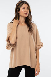 Mocha Linen Fringe Ruffle Trim Top