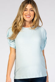 Light Blue Short Twisted Sleeve Round Neck Maternity Top