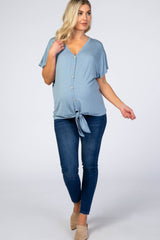 Light Blue Tie Front Short Sleeve Maternity Top