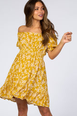 Mustard Floral Off Shoulder Maternity Mini Dress