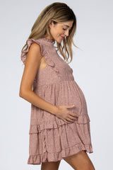 Mauve Animal Print Mock Neck Ruffle Maternity Dress