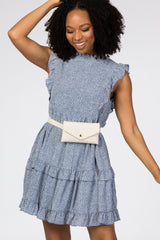 Light Blue Animal Print Mock Neck Ruffle Dress