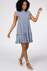 Light Blue Animal Print Mock Neck Ruffle Dress