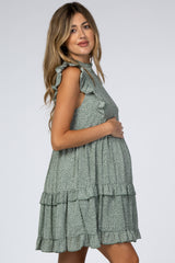 Green Animal Print Mock Neck Ruffle Maternity Dress