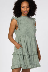 Green Animal Print Mock Neck Ruffle Dress