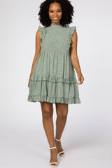 Green Animal Print Mock Neck Ruffle Dress