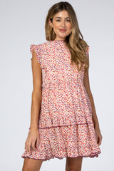 Peach Printed Mock Neck Ruffle Maternity Dress